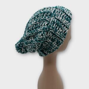 Knit Woven Chunky green white Beanie Knit Pom Pom Hat Boho Outdoors Medium